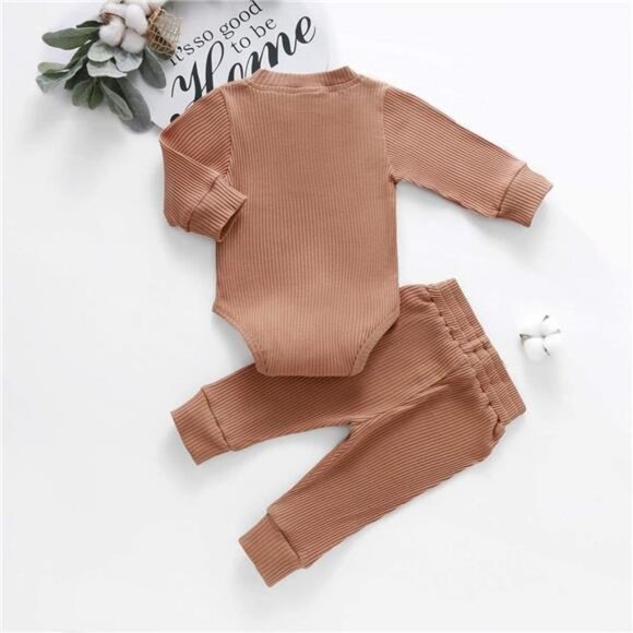 Baby Knitted Cotton Long Sleeve Romper Long Pants Solid Color Fall Winter Outfit - Picture 3 of 8